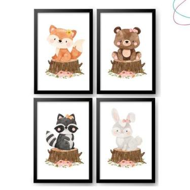 Imagem de Quadros Decorativos Animais do bosque aquarela menina flor - Creative 