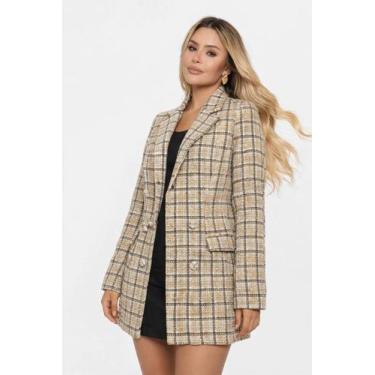 Imagem de Blazer Feminino Xadrez Oversized Casaco Elegante Social Longo Tweed In