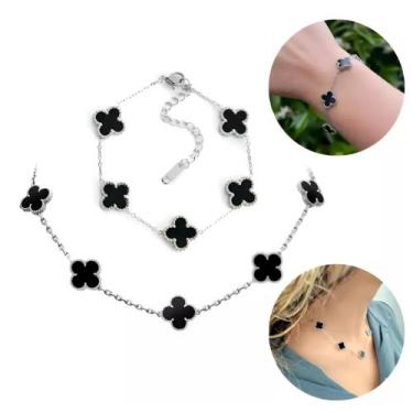 Imagem de Kit Colar Choker Pulseira Trevo Virgínia Aço Inox 316l Cor Prata e Pre