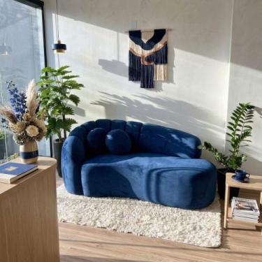 Imagem de Sofá Curvo 3 Lugares Orgânico Confortável Serena Veludo Azul Marinho -