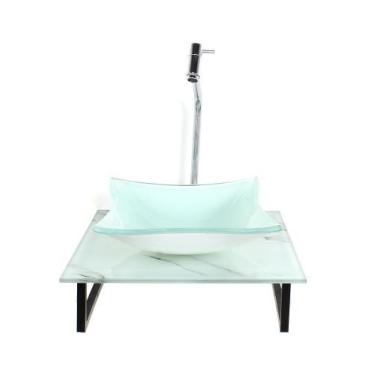 Imagem de Kit cuba de vidro quadrada 10mm com tampo de vidro 40cm x 40cm mármore