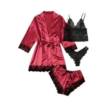 Imagem de Conjunto De Pijama Feminino De Cetim Com Renda Sexy, Estampa Moderna, 