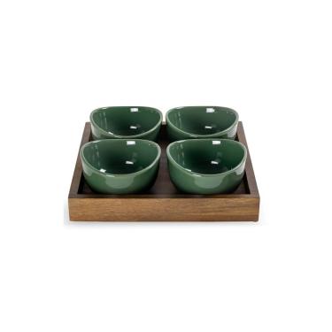 Imagem de Conjunto de Petisqueiras Base Madeira Cerâmica Verde Degradê 5 Peças para Servir Petiscos Btc Decor