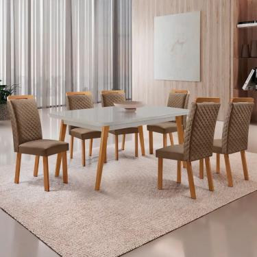 Imagem de Conjunto de Jantar Copper 6 Lugares Tampo MDF com Vidro Serigrafado Cadeiras Lorena Veludo Off White 180CM Moderna