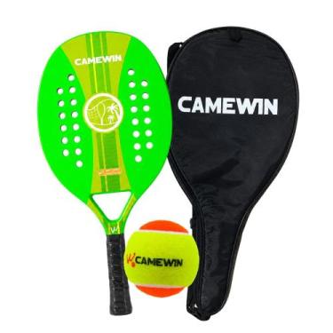 Imagem de Raquete Beach Tennis Camewin Fibra de Carbono + Bolinha, Neon