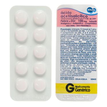 Imagem de Ácido Acetilsalicílico 100mg 10 comprimidos EMS Genérico 10 Comprimidos