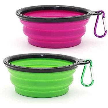 Imagem de maogear Tigela dobrável para cães, pacote com 2 tigelas de água dobráveis para cães e gatos, regador portátil para alimentação de animais de estimação para caminhar, estacionar, viajar com 2 mosquetões (azul + roxo)