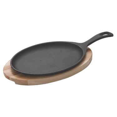 Imagem de Grill Oval em Ferro Fundido 30,5x18,5 cm com Base em Madeira Teca Tramontina