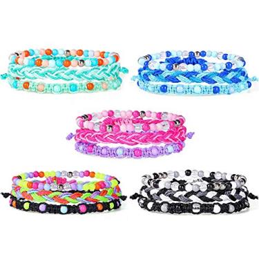 Imagem de 15 pulseiras trançadas trançadas da amizade, pulseiras de corda de contas empilháveis boêmias ajustáveis à prova d'água revestidas de cera, lembrancinhas de festa para meninas adolescentes, surfe