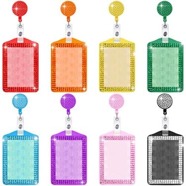 Imagem de 8 peças de suporte de crachá de strass com porta-cartão de identificação de cristal bonito suporte de crachá retrátil clipe vertical para enfermeiras escolares de escritório, 8 cores