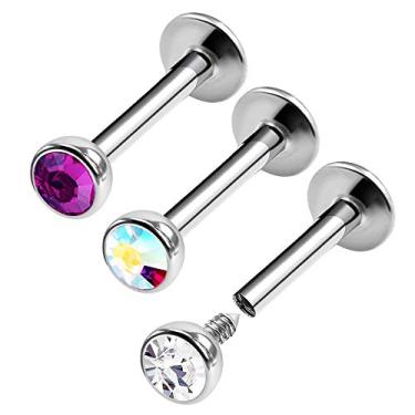Imagem de BanaVega 3 peças de anéis de aço rosqueados internamente labret calibre 16 5/16 8 mm 3 mm bola de cristal tragus brincos piercing labial joias 0490
