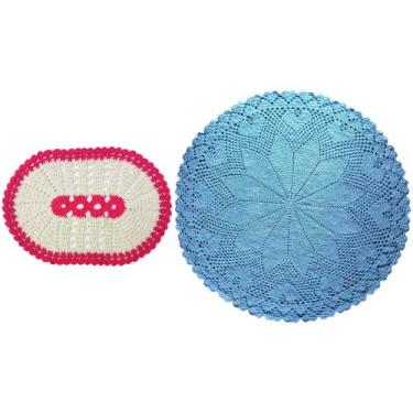 Imagem de Kit Com Tapete De Crochê Oval Branco E Rosa 57 X 38 Cm E Tapete De Cro