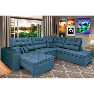 Imagem de Sofa de Canto Retrátil e Reclinável com Molas Cama inBox Platinum 3,34x2,36 Tecido Suede Azul
