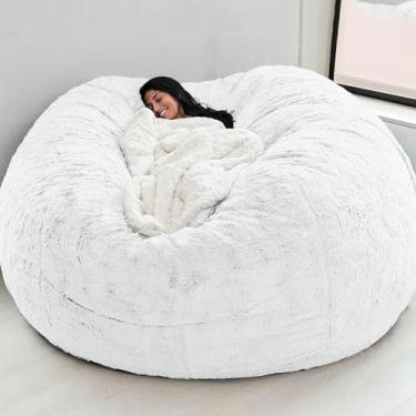 Imagem de Almofada para cadeira Capa de saco de feijão gigante de pele sintética Móveis grandes redondos macios fofos portáteis para sala de estar Capa de sofá-cama preguiçosa (sem enchimento), branca