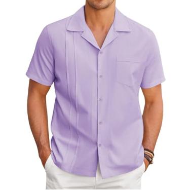 Imagem de COOFANDY Camisa masculina de linho de manga curta cubana Guayabera, camisa de botão de praia, Lilás, P