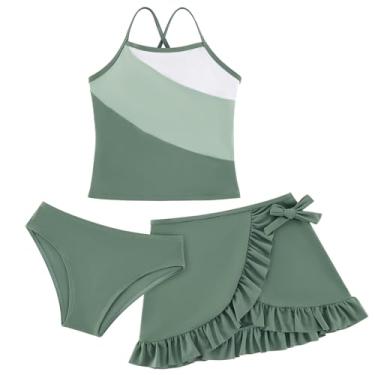 Imagem de Weixinbuy Conjunto de biquíni para meninas, roupa de banho de 3 peças, com saída de praia, verão, praia, biquíni para meninas, Verde, 13-14 Years