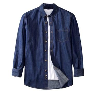 Imagem de Camisa jeans masculina, manga comprida, ombro caído, cor lisa, gola aberta, caimento solto, Azul-escuro, M