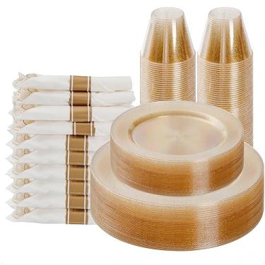 Imagem de Conjunto de louça de plástico com glitter dourado de 175 peças para 25 convidados, pratos descartáveis chiques para festa, inclui: 25 pratos de jantar, 25 pratos de sobremesa, 25 guardanapos pré-enrolados com talheres dourados com glitter, 25 xícaras