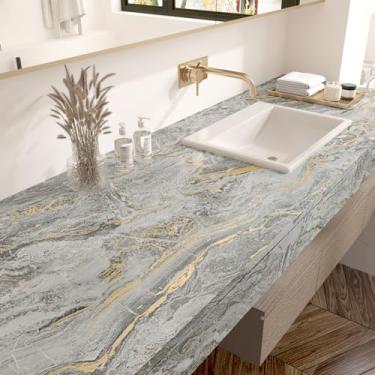 Imagem de Wallercity Papel de contato de mármore cinza dourado para bancada, mármore fosco, papel de parede de granito autoadesivo para banheiro, papel de parede à prova d'água para armários de mesa 40 x 601 cm