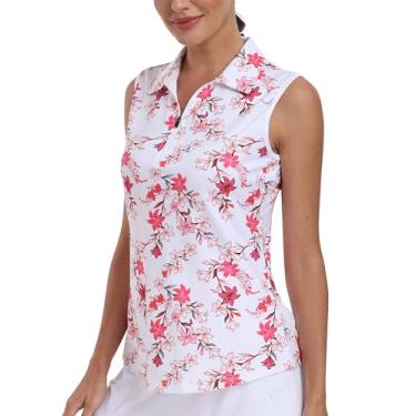 Imagem de MoFiz Camisas polo femininas de manga curta com absorção de umidade, camisas de golfe com bolsos de secagem rápida, gola 1/4 com zíper, Floral - 1, M