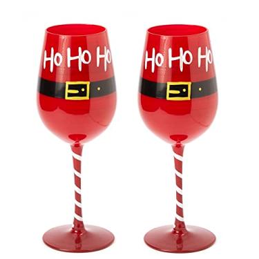 Imagem de Copos de vinho e água com haste de inverno do Papai Noel Ho Ho Ho - Conjunto de 2 - HoHoHo, vermelho e preto, 23 cm de altura - Artigos de vidro para festas de inverno - Conjunto de 2, 500 ml - Copo