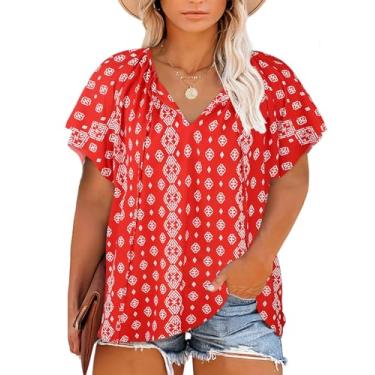Imagem de Halife Blusas femininas plus size boho estampa floral gola V casual verão blusas camisas, Vermelho, 4G