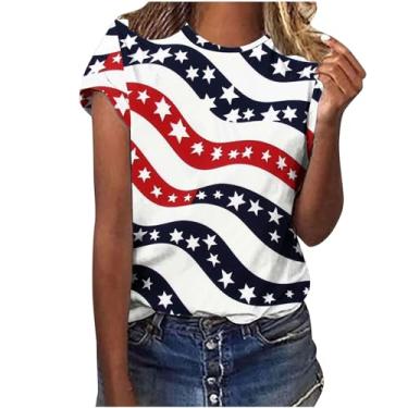 Imagem de Camiseta feminina 4 de julho moderna de verão gola redonda manga curta blusas elegantes camisas patrióticas camiseta de ajuste solto, A02 multicolorido, P