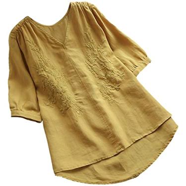 Imagem de Blusas femininas de linho de manga curta bordadas de algodão casual solta gola V sólida túnica quadrada, Amarelo, G