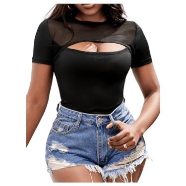 Imagem de OYOANGLE Camiseta feminina de malha transparente com recorte frontal, gola redonda, manga curta, justa, Preto, M