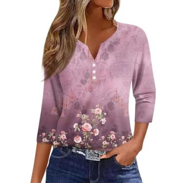 Imagem de Camiseta feminina manga 3/4 Henley casual verão outono gráfico floral elegante blusa túnica festa túnica, rosa, XXG