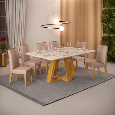 Imagem de Conjunto Sala de Jantar 6 Cadeiras Tampo Curvo Dj Móveis Kiara Cedro Yasmin Veludo Kraft