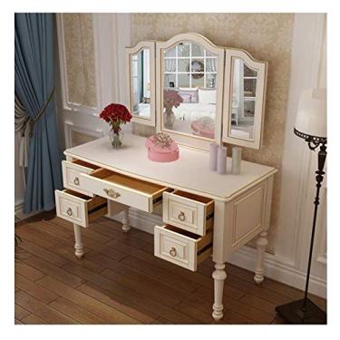 Imagem de Conjunto de penteadeira de luxo para quarto, penteadeira estilo vintage, banqueta acolchoada, gavetas ovais com espelho, conjunto de 2/3 peças, 47,2 x 21,6 x 29,5 polegadas (cor: branco, tamanho: