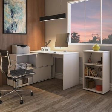 Imagem de Kit 2 Peças com Escrivaninha em L com Portas de Correr Mingle e Estante com 3 Nichos Organizador Branco