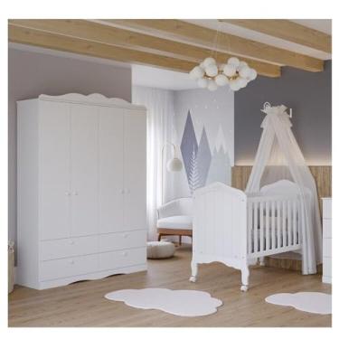 Imagem de Quarto de Bebê 2 Peças com Berço e Guarda-roupa 4 Portas 4 Gavetas Aquarela Espresso Móveis Branco