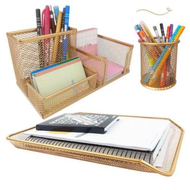 Imagem de Kit Porta Caneta Lápis Organizador Mesa Bandeja Dourado E24h - Markys 
