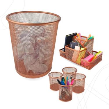 Imagem de Kit Organizador, Porta Caneta e Lixeira Rose Gold Escritório - Markys 