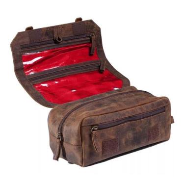 Imagem de Necessaire Unissex Cinnamon Couro Bovino Marrom Rústico Forro Impermeá