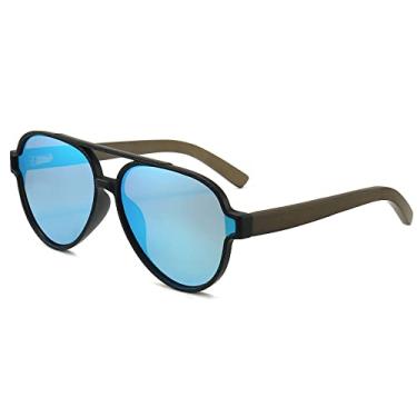 Imagem de ANRRI Óculos de sol de madeira, lentes polarizadas com proteção UV, armação de madeira clássica aviador para homens e mulheres, C2 preto/azul espelhado (aviador), Medium