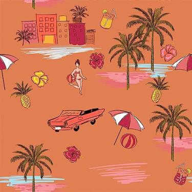 Imagem de VEELIKE Orange Island Papel de parede para descascar e colar desenhado à mão, palmeiras de praia de verão, papel de parede removível, 48 x 38 cm, papel de parede autoadesivo para berçário, mural de parede laranja papel de contato para paredes de banheiro