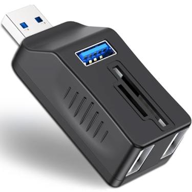 Imagem de VIENON Hub USB 3.0 de 5 portas com leitor de cartão SD TF, adaptador extensor USB com leitor de cartão SD/micro SD de memória, portas USB 3.0/2.0, divisor USB portátil para laptop, PC, câmera, flash