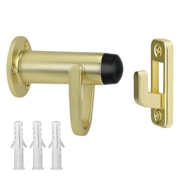 Imagem de HOMOTEK 1 pacote de batente de porta resistente com gancho manual, batente de porta com amortecedor de borracha de amortecimento de som montado na parede, latão escovado