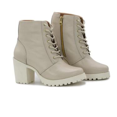 Imagem de Bota Coturno Feminino Couro Salto Tratorado Confortável - Q&A, 37, Off