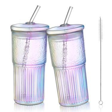 Imagem de Joeyan Copo de vidro iridescente de 623 g com canudo e tampa para chá gelado, café, smoothie, água, suco, bebidas, refrigerante, copos canelados, pote de borossilicato, conjunto de 2
