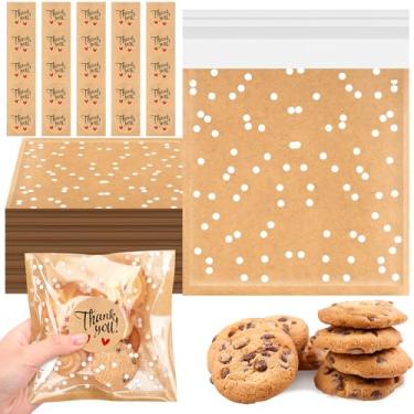 Imagem de Fuyoooo 50 sacos autoadesivos para biscoitos, sacos de guloseimas de celofane, sacos de padaria de bolinhas brancas, 14 x 14 cm, pequenos sacos de pastelaria marrom de plástico com adesivos de