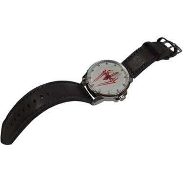 Imagem de Relógio prateado masculino figura aranha pulseira marrom em couro similar ponteiro