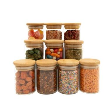 Imagem de kit 10 potes de vidro 110ml com tampa de bambu hermético redondos - Tu