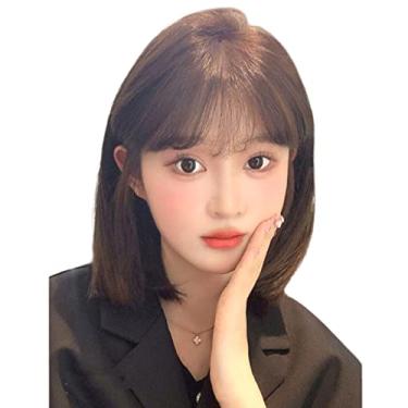 Imagem de Lindo Perucas De Cabelo Humano Castanho Curto Com Franja Para Mulher Peruca De Cabelo Humano Curto Liso Natural Comprimento Do Ombro Peruca De Cabelo Humano Liso (13"/32 Cm) Ajustável