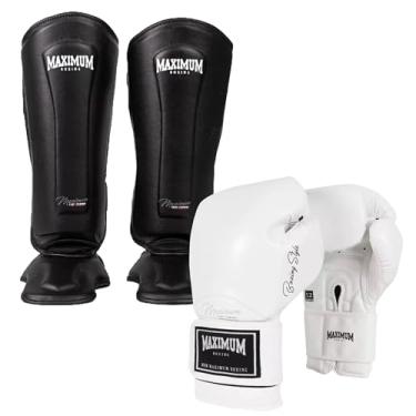 Imagem de Kit Luva de Boxe Muay Thai Kickboxing Maximum Classic Black + Caneleira Maximum Classic White (LUVA 16OZ + CANELEIRA P)