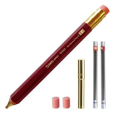 Imagem de Conjunto de lapiseira de madeira WN03, 2,0 mm extra negrito, barril grosso, lápis vermelho escuro de cedro de incenso com refis de chumbo (HB, B), refis de borracha e apontador de latão para escrever,