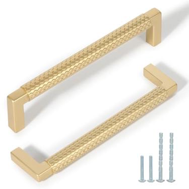 Imagem de L&lonpa Pacote com 10 alças de armário douradas – 12 cm de centro a centro, puxadores de gaveta serrilhados sólidos, ferragens modernas duráveis para cozinha, quarto, banheiro, cômoda